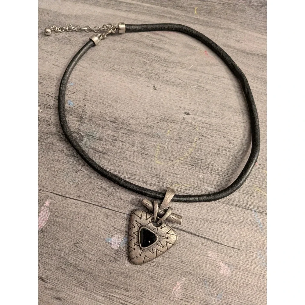 Vintage Boho Tribal Heart Pendant Black Leather Cord Necklace Pewter Tone